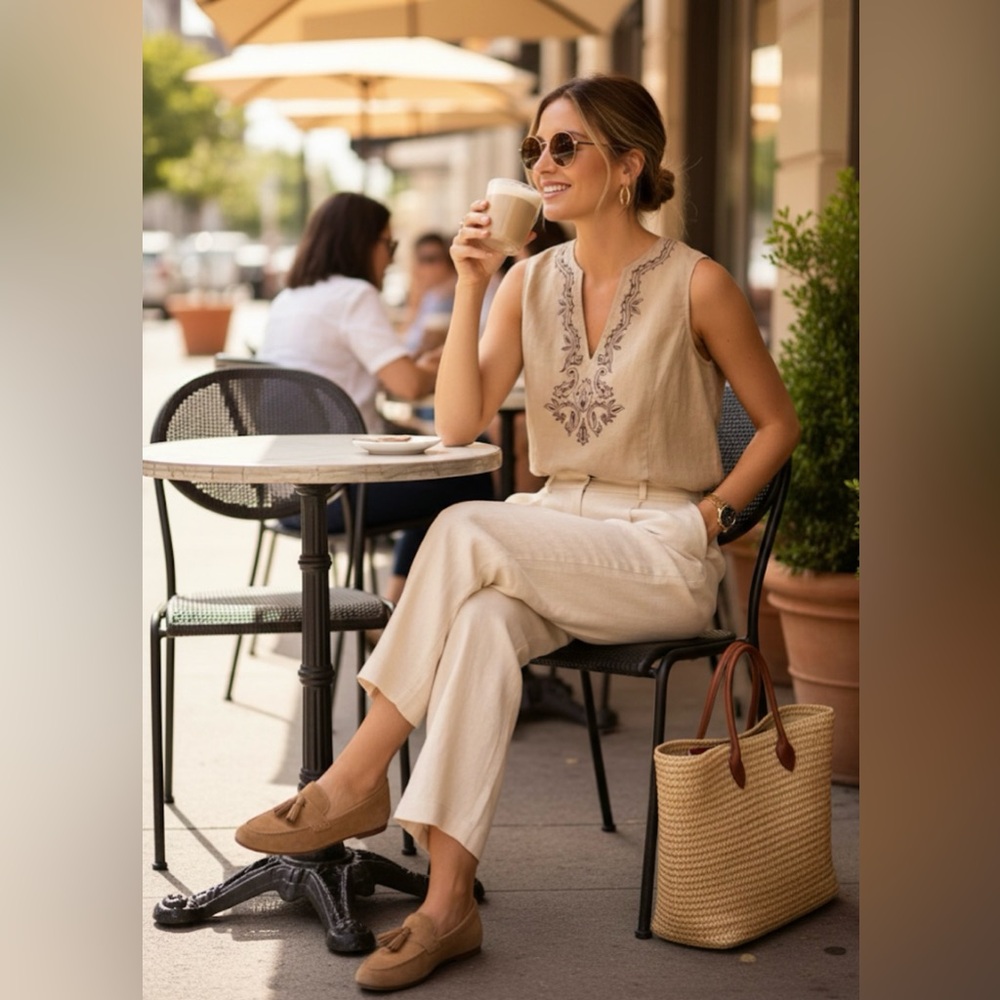 Josephine Chaus Beige Linen Embroidered Blouse | Size: 10 | Color: Beige